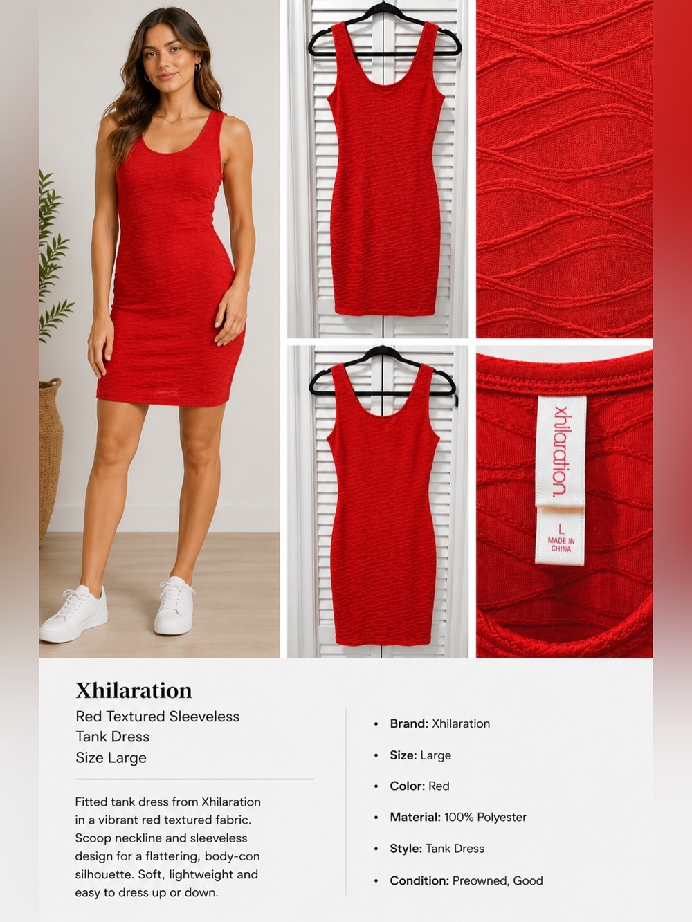 Xhilaration Vibrant Red Textured Bodycon Tank Dress - L